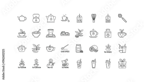Tea time icons with teapots, cups, and ingredients