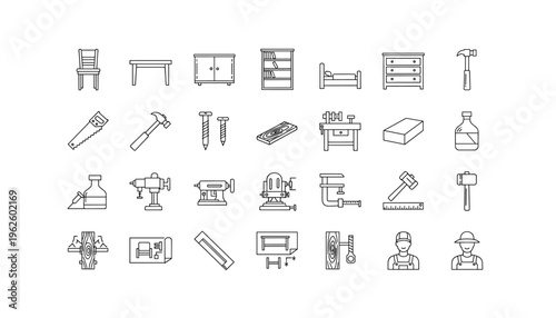 Set of detailed line icons for carpentry and woodworking tools and furniture