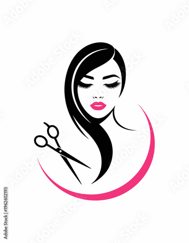A minimalist design featuring a woman's face with sleek black hair and vibrant pink lips.