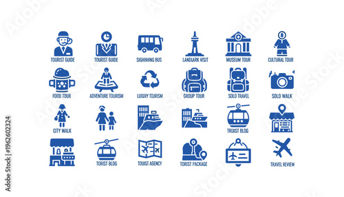 Tourism icons for travel and adventure activities