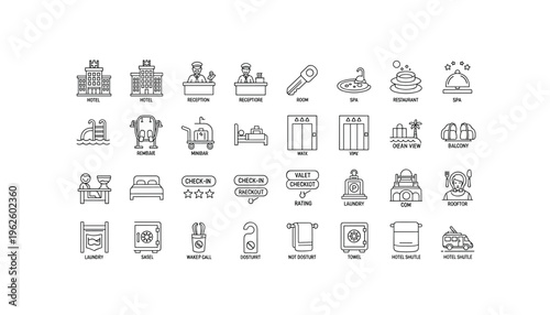 Hotel amenities and services icons for travel and hospitality industry