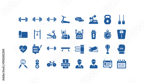 Collection of blue fitness icons for gym and workout routines