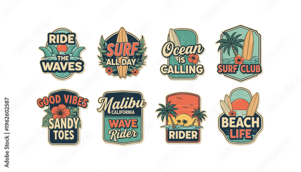Obraz premium Vibrant beach stickers with surfing and travel themes for summer fun
