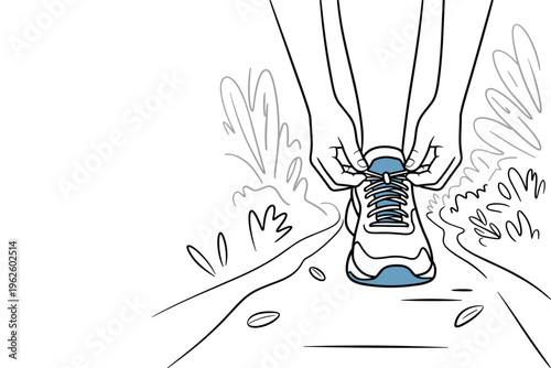 Hands Tying Running Shoe Laces with copy space, fitness preparation concept