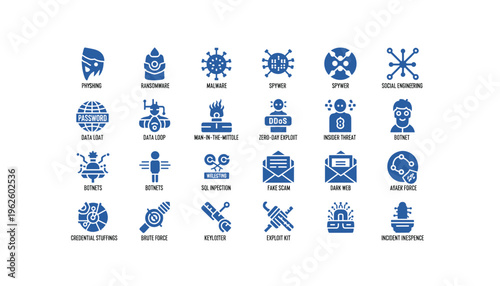 Cybersecurity threats and hacking concepts icons