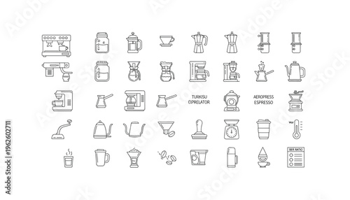 Coffee brewing equipment and accessories icons