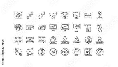 Financial trading icons set for business and investment