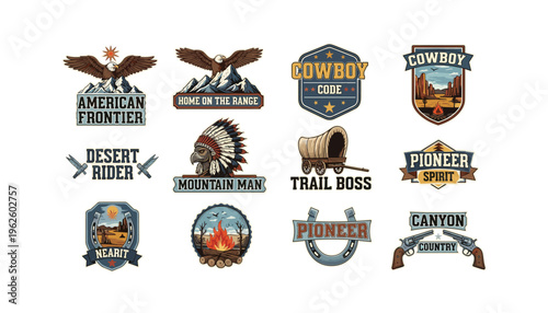 Vintage western logos and badges with cowboy, pioneer, and american frontier themes