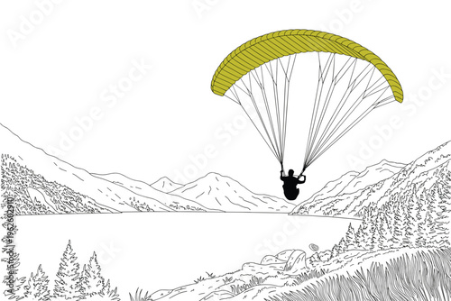 Paraglider flying over a mountain lake landscape with copy space, adventure nature concept