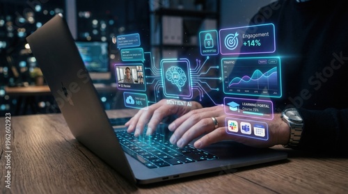 Close-up of a person typing on a laptop with data visualization
