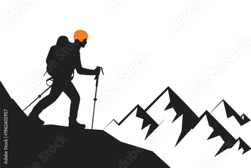 Silhouette of a Hiker Climbing a Mountain with copy space, hiking journey concept
