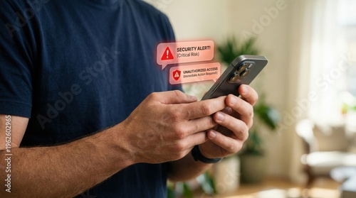 A person is holding a smartphone with security alerts displayed on screen, conveying a sense of digital vulnerability and caution