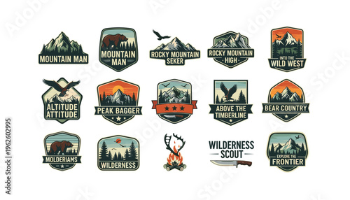 Vintage mountain adventure badges and labels