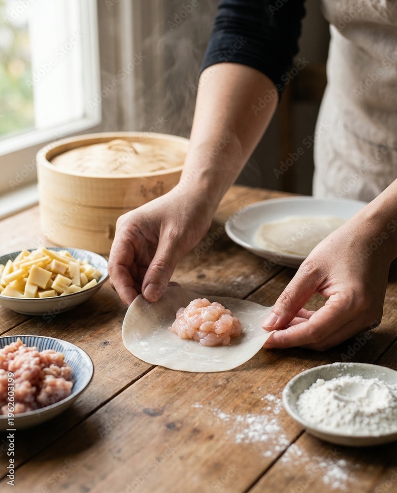 Fototapeta premium Hands preparing dumpling with raw minced filling on dough wrapper on wooden table with bamboo steamer and bowls of ingredients in background