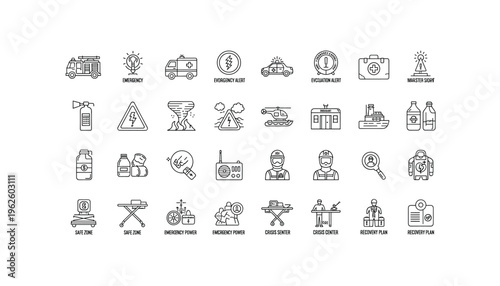 Emergency response icons for crisis management and recovery planning