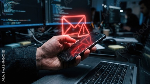 Digital Security and Smartphone with email security alert, warning about potential phishing or malware threats, and highlighting the importance of cybersecurity. 