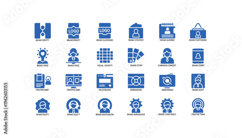 Collection of blue brand strategy icons for business and marketing