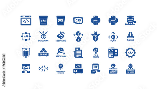 Collection of software development icons for coding and programming