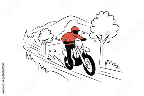 Person riding a dirt bike on an off-road mountain trail, offroad adventure concept