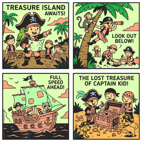 Pirate Treasure Hunt Adventure Children Sailing Ship and Finding Gold on Tropical Island Illustration