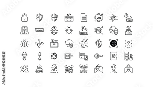 Cybersecurity icons set with protection and safety symbols