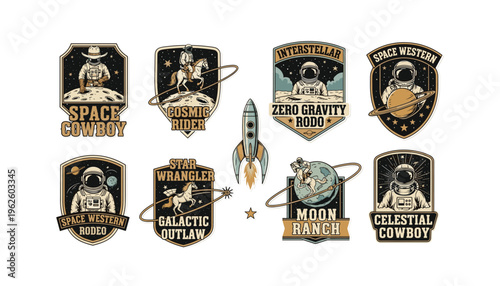 Unique space western stickers with cowboys in space