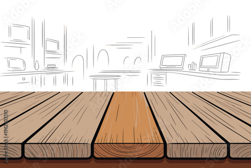 Empty Wooden Table with Sketch Office Background, mockup display concept
