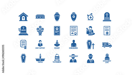 Funeral and mourning related icons and symbols in blue