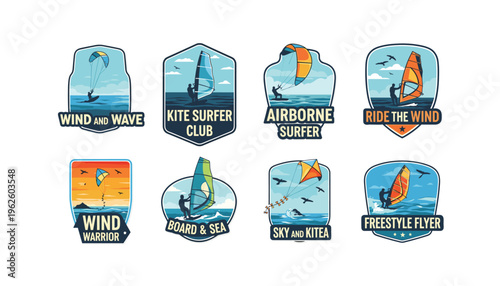 Vibrant windsurfing and kitesurfing stickers for adventure sports branding