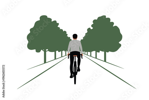 Cyclist riding a bicycle on a tree-lined road, cycling lifestyle concept