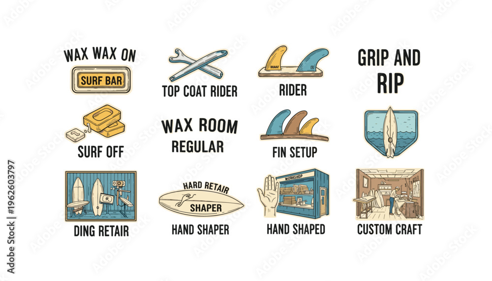 Obraz premium Surfboard stickers for surfers and surf shops with various designs