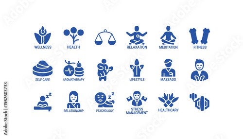Wellness icons set for health and self care themes