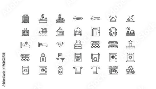 Modern hotel amenities and services icons for travel and hospitality industry