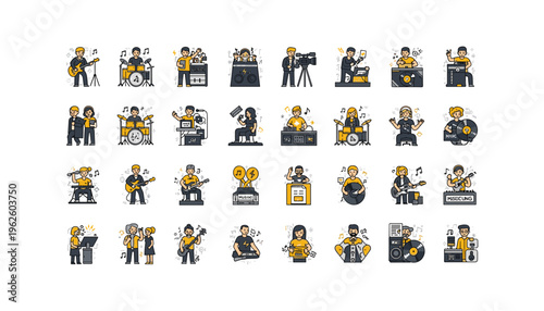 Vibrant music icons set with musicians performing and enjoying live music