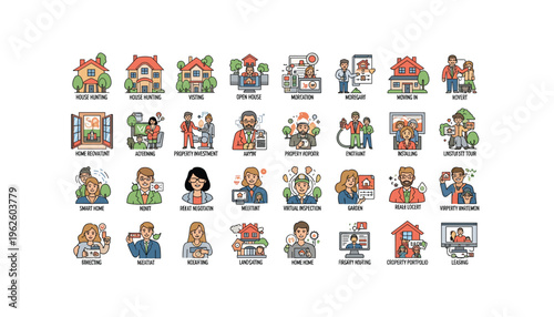 Various people engaging in real estate activities and home ownership