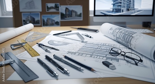 Architectural Design Office with Blueprints, Tools, and Building Renderings