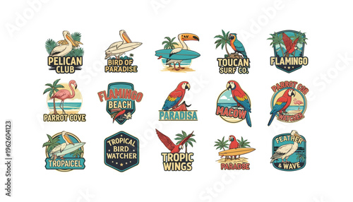 Vibrant tropical bird logos with surfboards and palm trees for summer brands