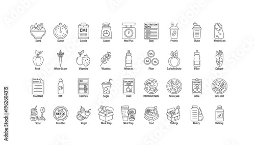 Healthy eating icons set for nutrition and wellness