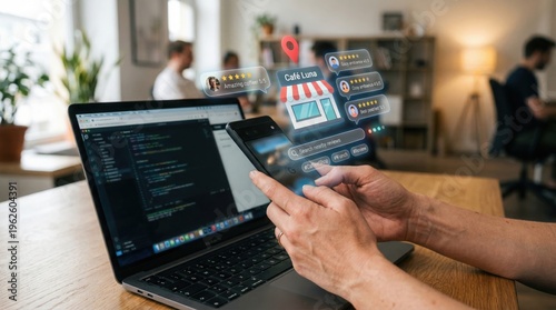 A person interacts with augmented reality technology on laptop and smartphone