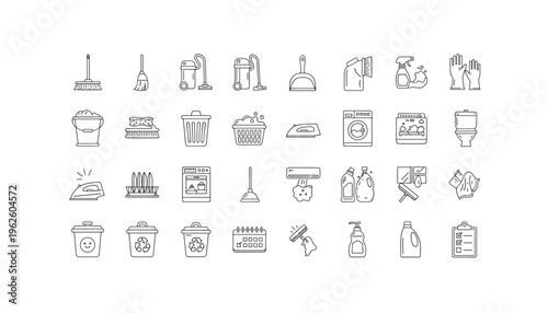 Various cleaning tools and supplies for household chores