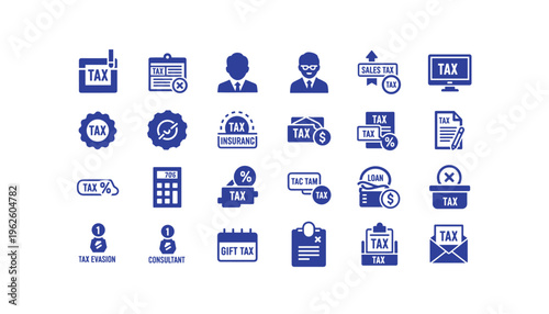 Collection of blue tax related icons for business and finance