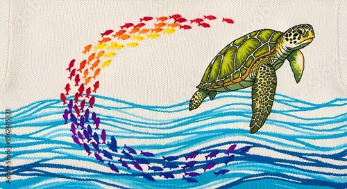 Sea Turtle Swimming with School of Colorful Fish in Ocean Waves