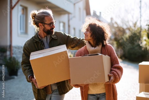 A friend helping another carry boxes on moving day, teamwork, afternoon light, supportive