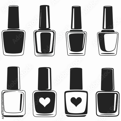 A set of stylized black and white nail polish bottles featuring heart designs on some of the bottles.