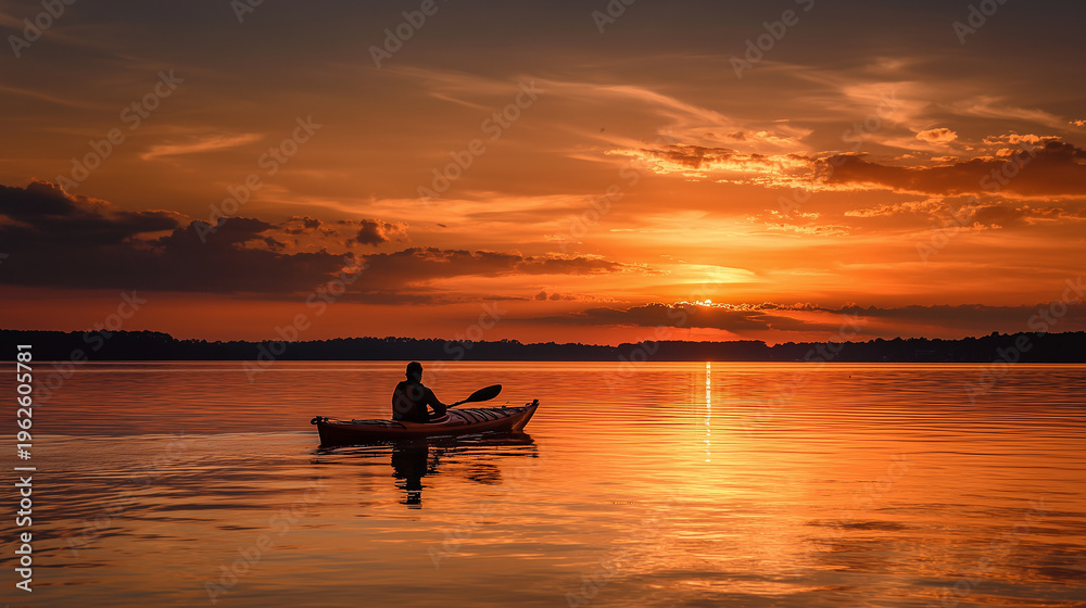 Fototapeta premium A sunset silhouette of a kayaker against glowing orange water and sky