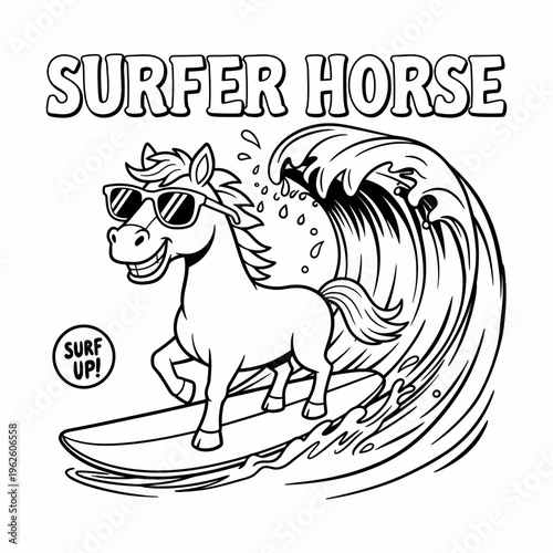 Horse surfing wave with sunglasses on.