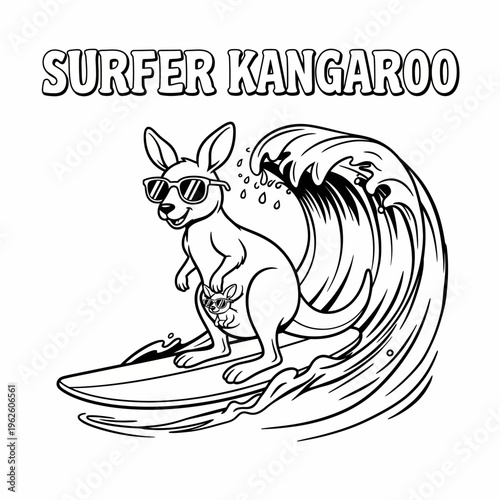 Kangaroo wearing sunglasses surfing wave.
