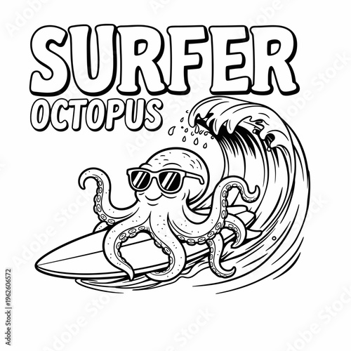 Octopus wearing sunglasses on surfboard riding wave.