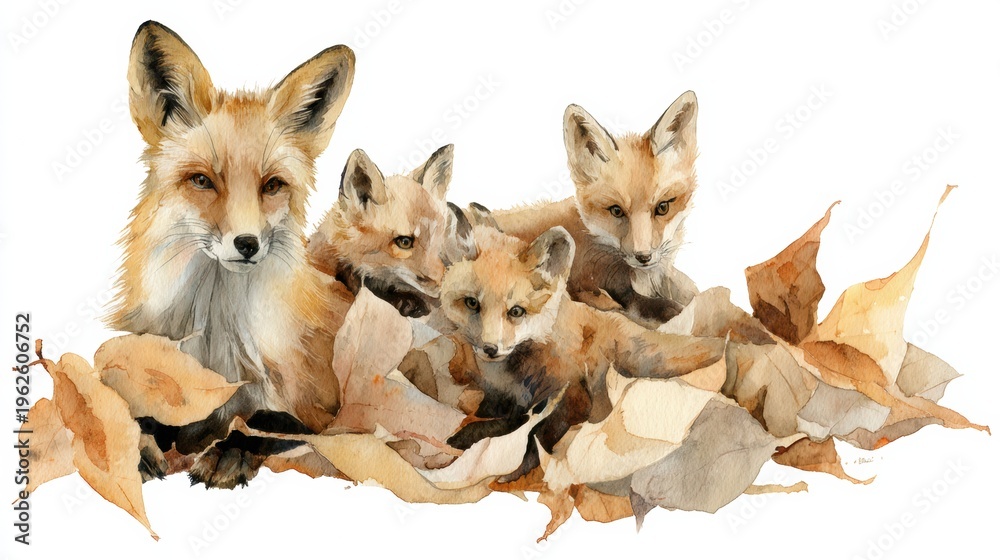 Naklejka premium Fox Family in a Woodland Setting With Autumn Leaves and Warm Color Washes Featuring a Mother Fox and Her Three Kits