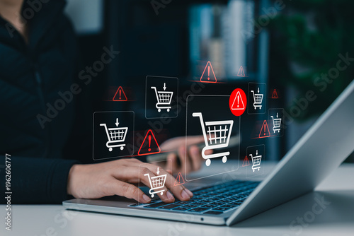 Bild auf Leinwand E-Commerce Warning and Shopping Cart Risk Concept